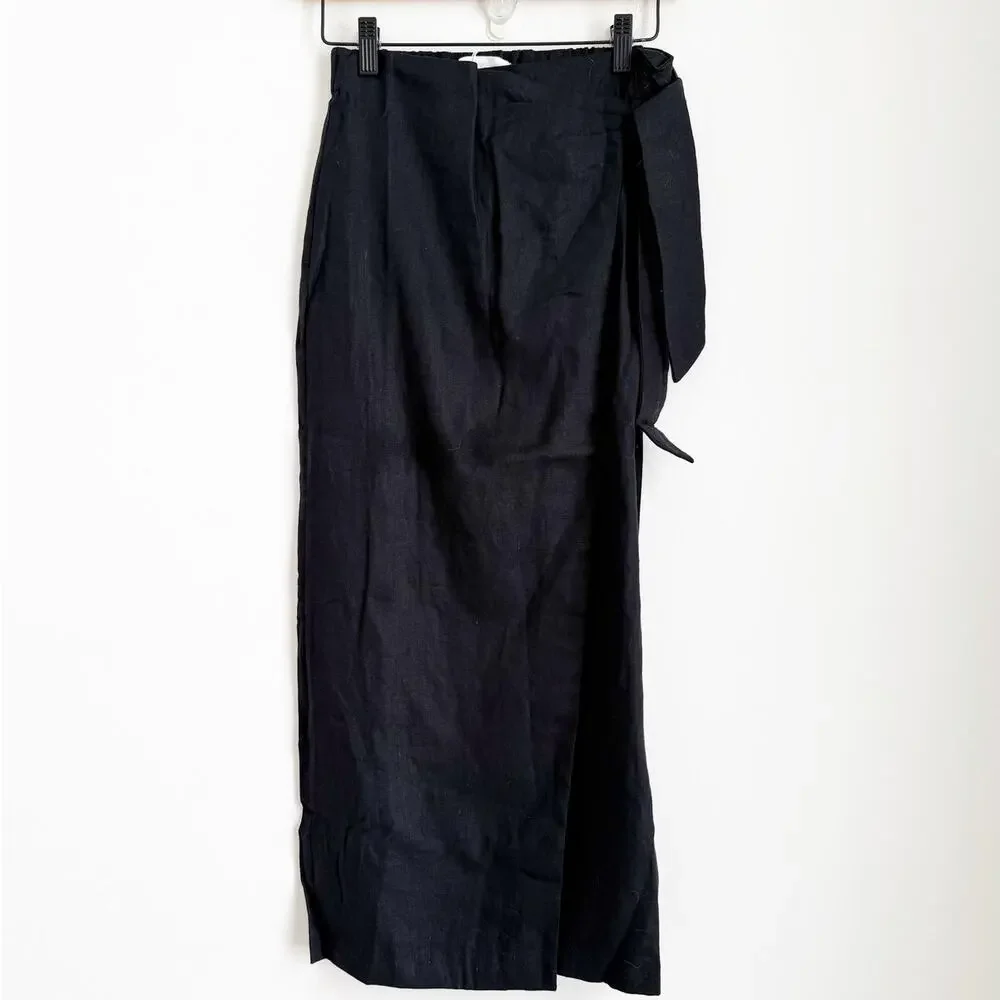 NWT MNG Linen Blend Wrap Midi Skirt Black Size Small